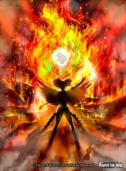 Rule 34 | 1girl, baby, back, copyright name, feathered wings, feathers, fire, force of will, official art, twintails, wings