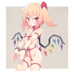 Rule 34 | 1girl, bare arms, bare shoulders, blonde hair, blush, bondage outfit, breasts, closed mouth, collar, cowboy shot, cuffs, flandre scarlet, fuukadia (narcolepsy), grey background, hair ribbon, looking at viewer, medium hair, one side up, red collar, red eyes, red ribbon, restrained, revealing clothes, ribbon, small breasts, solo, standing, sweat, touhou, two-tone background, white background, wings