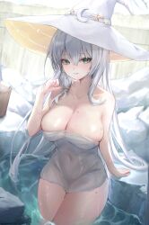 Rule 34 | 1girl, absurdres, bad id, bad twitter id, bare shoulders, breasts, cleavage, collarbone, covered navel, green eyes, hair ornament, hand up, hat, highres, hisiya (wldn1112), large breasts, long hair, looking at viewer, naked towel, onsen, original, sitting, skindentation, smile, solo, thighs, towel, very long hair, water, wet, white hair, white hat, witch hat