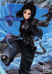 Rule 34 | 1girl, abs, alita, battle angel alita, battle angel alita: last order, belt, black hair, blue sky, breasts, brown eyes, cat tail, choker, cleavage, clenched hand, collarbone, commentary, cyberpunk, cyborg, day, denim, english commentary, facial mark, floating city, forehead, highres, incoming attack, incoming punch, jeans, joints, looking at viewer, medium breasts, medium hair, midriff, neon trim, pants, parted bangs, punching, purple ribbon, pursed lips, ribbon, ribbon choker, robot joints, ryu shou, science fiction, shoes, signature, sky, sneakers, solo, speed lines, sports bra, tail, torn clothes, torn jeans, torn pants, vest