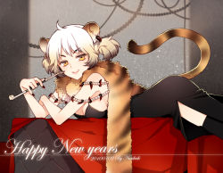 Rule 34 | 1girl, animal ears, breasts, cleavage, dress, jewelry, kiseru, nardack, new year, smoking pipe, side slit, solo, tail, thighhighs, tiger, tiger ears, tiger tail
