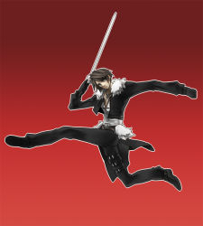 Rule 34 | 1boy, blue eyes, brown hair, code geass, dissidia final fantasy, final fantasy, final fantasy viii, fur, fur jacket, gloves, gunblade, jacket, jewelry, male focus, meme, necklace, parody, red background, scar, simple background, solo, spinzaku, squall leonhart, thigh strap, weapon