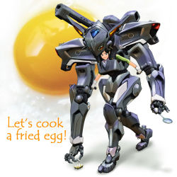 Rule 34 | 1girl, armor, black hair, cannon, cockpit, cooking, egg, egg (food), english text, food, fried egg, frying pan, gloves, green eyes, holding, igunuk, long hair, mecha, original, power armor, power suit, realistic, robot, science fiction, shadow, skin tight, solo, text focus, weapon, white gloves