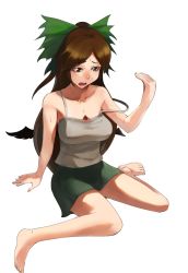 Rule 34 | 1girl, alternate costume, bare shoulders, barefoot, bow, breasts, brown eyes, brown hair, camisole, casual, female focus, full body, hair bow, inugami akito, large breasts, long hair, open mouth, reiuji utsuho, simple background, sitting, skirt, solo, strap slip, sweat, tank top, touhou, wariza, white background
