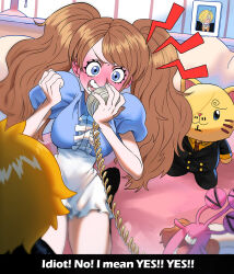 Rule 34 | 1girl, animalization, bed, blush, breasts, brown hair, character doll, charlotte pudding, cleavage, clenched hand, commentary, den den mushi, dress, english commentary, frilled dress, frills, full-face blush, holding, holding phone, indoors, large breasts, long hair, on bed, one piece, open mouth, phone, picture frame, pillow, puffy short sleeves, puffy sleeves, rita ya, sanji (one piece), short dress, short sleeves, sitting, stuffed animal, stuffed cat, stuffed toy, talking on phone, tsundere, twintails, two-tone dress, v-shaped eyebrows