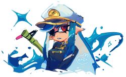 Rule 34 | 1girl, bamboozler 14 (splatoon), blue hair, commentary, english commentary, eyepatch, hat, inkling, inkling girl, inkling player character, long hair, military hat, nintendo, open mouth, pointy ears, red eyes, solo, splatoon (series), splatoon 3, teeth, tentacle hair, tokkibada, upper body, white background