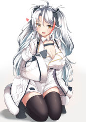 Rule 34 | 1girl, :d, absurdres, antenna hair, azur lane, black gloves, black thighhighs, blush, breasts, brown eyes, cleavage, coat, commentary request, cosplay, dress, full body, fur-trimmed coat, fur-trimmed sleeves, fur trim, gloves, gradient background, grey background, hair between eyes, heart, highres, kneeling, large breasts, long hair, long sleeves, looking at viewer, moyoron, multicolored hair, no shoes, open clothes, open coat, open mouth, pamiat merkuria (azur lane), pamiat merkuria (azur lane) (cosplay), parted bangs, prinz eugen (azur lane), red hair, shadow, silver hair, simple background, sleeves past wrists, smile, solo, streaked hair, thighhighs, two side up, very long hair, white background, white coat, white dress, wide sleeves