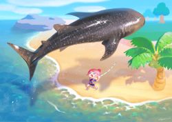 Rule 34 | 1girl, animal crossing, ayumi (830890), beach, blue eyes, cloud, coconut, coconut tree, day, fishing, fishing rod, hair bun, highres, nintendo, open mouth, outdoors, palm tree, pink hair, sandals, shadow, shirt, shorts, signature, single hair bun, sky, sparkle, standing, tree, villager (animal crossing), water, whale shark