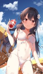 Rule 34 | 1girl, absurdres, beach umbrella, bikini, black hair, blue sky, breasts, closed mouth, cloud, commentary, contrapposto, day, english commentary, flower, from below, front-tie top, groin, hair flower, hair ornament, halterneck, highres, long hair, looking at viewer, medium breasts, navel, original, outdoors, parfait, side-tie bikini bottom, sky, smile, solo, standing, string bikini, swimsuit, umbrella, white bikini, yaruwashi, yellow umbrella