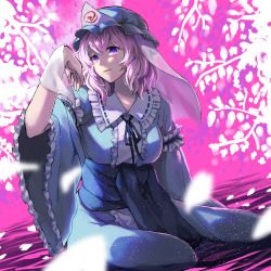 Rule 34 | 1girl, breasts, cherry blossoms, frills, hat, highres, japanese clothes, light particles, mob cap, night, night sky, nr myt, pink eyes, pink hair, saigyouji yuyuko, sash, sky, solo, touhou, triangular headpiece, wide sleeves