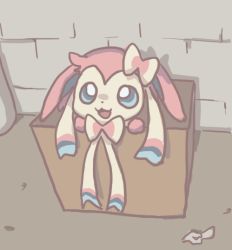 Rule 34 | 10s, :3, :d, alley, blue eyes, box, brick wall, bright pupils, cardboard box, creatures (company), ears down, for adoption, game freak, gen 6 pokemon, hamsue, in box, in container, nintendo, no humans, oekaki, open mouth, paper, pokemon, pokemon (creature), pokemon xy, smile, solo, sylveon, tongue, trash