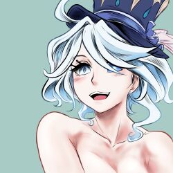 Rule 34 | 1girl, :d, ahoge, aqua background, blue eyes, blue hair, blue hat, collarbone, commentary, furina (genshin impact), genshin impact, hat, highres, mahoutpound, nude, open mouth, short hair, simple background, smile, solo, top hat, upper body