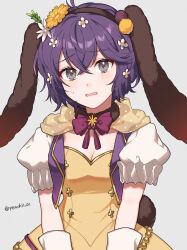 Rule 34 | 1girl, animal ears, bernadetta von varley, bow, bowtie, breasts, cleavage, commentary, dress, fake animal ears, fire emblem, fire emblem: three houses, fire emblem heroes, grey background, grey eyes, hair between eyes, highres, looking at viewer, medium breasts, nintendo, official alternate costume, open mouth, peach11 01, puffy short sleeves, puffy sleeves, purple bow, purple bowtie, purple hair, rabbit ears, short hair, short sleeves, simple background, solo, upper body, yellow dress