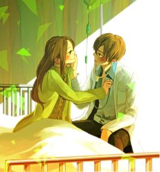 Rule 34 | 1boy, 1girl, bed, bed sheet, blush, cardigan, doctor, eye contact, hand on another&#039;s face, intravenous drip, kayo (46996116), lab coat, looking at another, medical, original, smile, stethoscope