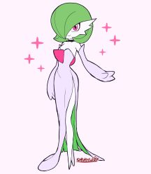 Rule 34 | 1girl, absurdres, arm at side, artist name, bare shoulders, black choker, bob cut, breasts, choker, closed mouth, clothed pokemon, colored skin, creatures (company), dress, elbow gloves, female focus, flat color, full body, game freak, gardevoir, gen 3 pokemon, gloves, green hair, hair over one eye, happy, highres, legs, looking at viewer, nintendo, one eye covered, pokemon, pokemon (creature), red eyes, sarukaiwolf, short hair, side slit, signature, simple background, sketch, small breasts, smile, solo, sparkle, standing, strapless, strapless dress, white background, white dress, white gloves, white skin
