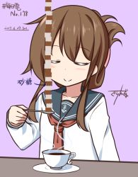 Rule 34 | 10s, 1girl, 2015, balancing, brown hair, closed eyes, coffee, cup, dated, folded ponytail, gurande (g-size), highres, inazuma (kancolle), kantai collection, long hair, school uniform, serafuku, simple background, solo, spoon, stack, sugar cube, teacup