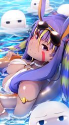 Rule 34 | 1girl, animal ears, bad id, bad pixiv id, bare shoulders, bikini, blonde hair, dark-skinned female, dark skin, earrings, egyptian, eyewear on head, facial mark, fate/grand order, fate (series), from side, hairband, highres, hoop earrings, innertube, jewelry, long hair, looking at viewer, looking to the side, medjed (fate), multicolored hair, nitocris (fate), nitocris (third ascension) (fate), o-ring, o-ring top, partially submerged, purple eyes, purple hair, sidelocks, smile, sunglasses, swim ring, swimsuit, two-tone hair, wada kazu, water
