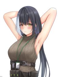 Rule 34 | 1girl, absurdres, ammunition belt, armpits, arms behind head, artist name, black hair, blush, breasts, brown sweater vest, closed mouth, cozie178, girls&#039; frontline, heterochromia, highres, id card, long hair, looking at viewer, medium breasts, multicolored hair, orange eyes, ro635 (girls&#039; frontline), ro635 (mod3) (girls&#039; frontline), solo, sweater vest, two-tone hair, upper body, uwu, white background, white hair, yellow eyes