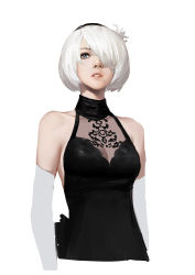 Rule 34 | 1girl, absurdres, bare shoulders, unworn blindfold, blue eyes, breasts, cleavage, elbow gloves, flower, gloves, gods (1073337800), hair flower, hair ornament, hair over one eye, hairband, highres, medium breasts, mole, mole under mouth, nier (series), nier:automata, parted lips, see-through, short hair, simple background, sleeveless, solo, upper body, white background, white gloves, white hair, 2b (nier:automata)