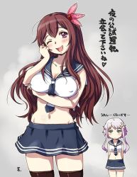 Rule 34 | 10s, 2girls, ;d, arms behind back, bandeau, blue eyes, blue skirt, blush, breasts, brown hair, cleavage, collarbone, crescent, crescent hair ornament, covered erect nipples, grey background, groin, hair ornament, head tilt, heart, jitome, kantai collection, kisaragi (kancolle), large breasts, long hair, looking at viewer, multiple girls, navel, necktie, one eye closed, open mouth, pink eyes, purple hair, sailor collar, sameha ikuya, shirt, short hair with long locks, skirt, sleeveless, sleeveless shirt, small breasts, smile, translation request, very long hair, yayoi (kancolle)