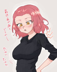 Rule 34 | 1girl, black shirt, blush, breasts, brown eyes, casual, commentary, girls und panzer, grey background, hand on own hip, highres, lightning bolt symbol, long sleeves, looking down, medium breasts, medium hair, motion lines, open mouth, red hair, ribbed shirt, rosehip (girls und panzer), shirt, solo, standing, toku (yhpv8752), translated, upper body
