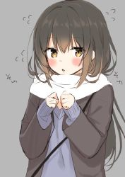 Rule 34 | 1girl, bad id, bad pixiv id, bag, blush, brown eyes, brown hair, brown jacket, commentary request, enpera, flying sweatdrops, grey background, hair between eyes, hands up, jacket, long hair, long sleeves, looking at viewer, open clothes, open jacket, original, parted lips, purple sweater, scarf, shoulder bag, simple background, sleeves past wrists, solo, sweater, upper body, very long hair, white scarf, yadapot