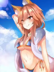 Rule 34 | 10s, 1girl, animal ears, arms behind back, bad id, bad pixiv id, bikini, blue bikini, blush, breasts, cleavage, fate/extra, fate/grand order, fate (series), fox ears, fox tail, groin, large breasts, navel, pink hair, rei-chan, solo, swimsuit, tail, tamamo (fate), tamamo no mae (fate/extra), tamamo no mae (swimsuit lancer) (fate), tamamo no mae (swimsuit lancer) (third ascension) (fate), tongue, tongue out, yellow eyes