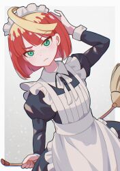 Rule 34 | 1girl, ahoge, apron, black dress, blonde hair, broom, closed mouth, creatures (company), dress, freckles, game freak, green eyes, holding, holding broom, juliet sleeves, long sleeves, looking at viewer, maid, maid apron, maid headdress, mela (pokemon), mizuiro123, multicolored hair, nintendo, pokemon, pokemon sv, puffy sleeves, red hair, short hair, solo, two-tone hair