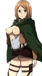 Rule 34 | 1girl, absurdres, bad id, bad pixiv id, breasts, brown eyes, brown hair, cape, cleft of venus, dress shirt, female pubic hair, highres, jacket, nipples, open clothes, open shirt, petra ral, pubic hair, pussy, shingeki no kyojin, shirt, short hair, simple background, solo, suspenders, thigh strap, tonotyama, white background