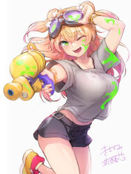 Rule 34 | 1girl, absurdres, black shorts, blonde hair, blush, breasts, cheese (cheese koubou), double bun, fang, goggles, goggles on head, green eyes, grey shirt, hair bun, highres, holding, hololive, ink, large breasts, long hair, looking at viewer, momosuzu nene, nintendo, one eye closed, open mouth, pink hair, shirt, shoes, short shorts, short sleeves, shorts, signature, simple background, solo, splatoon (series), splattershot (splatoon), two side up, virtual youtuber, water gun