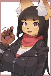 Rule 34 | 1girl, absurdres, animal ear fluff, animal ears, black hair, black jacket, blunt bangs, body fur, breasts, brown eyes, claws, cleavage, fang, female focus, fox ears, fox girl, furry, furry female, highres, hikimayu, jacket, komena (ryuusui arumo), large breasts, leather, leather jacket, long hair, looking at viewer, neckerchief, open mouth, original, pawpads, red neckerchief, ryuusui arumo, skin fang, solo, thick eyebrows, upper body, zipper, zipper pull tab
