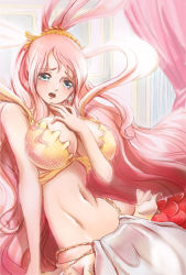 Rule 34 | 1girl, blue eyes, blush, breasts, cleavage, large breasts, looking at viewer, lowres, mermaid, monster girl, one piece, pink hair, shirahoshi, solo