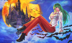 Rule 34 | 1girl, above clouds, alternate costume, bat (animal), black footwear, black panties, boots, breasts, castle, cleavage, cloud, cloudy sky, collared shirt, commission, denim, finger to mouth, fingernails, floating, full moon, green eyes, green hair, green nails, jeans, large breasts, crossed legs, light smile, long hair, looking at viewer, medium breasts, midriff, monori rogue, moon, morrigan aensland, nail polish, navel, night, night sky, no bra, nose, nostrils, open clothes, open collar, open shirt, panties, pants, partially unbuttoned, pink lips, red moon, red pants, second-party source, shirt, sitting, sky, solo, thong, unbuttoned, unbuttoned shirt, underwear, vampire (game), white shirt