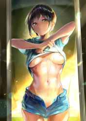 Rule 34 | 1girl, absurdres, areola slip, black hair, blue shirt, blue shorts, breasts, breasts apart, brown eyes, clothes lift, cowboy shot, denim, denim shorts, highres, lifting own clothes, looking at viewer, maeshimashi, medium breasts, midriff, mirror, navel, no bra, open fly, original, parted lips, reflection, shirt, shirt lift, short hair, short shorts, shorts, solo, standing, stomach, t-shirt, undressing, wet
