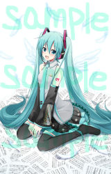 Rule 34 | 1girl, aqua eyes, aqua hair, boots, detached sleeves, feathers, full body, hatsune miku, headset, highres, long hair, nail polish, necktie, open mouth, sheet music, sitting, skirt, solo, sudachi (calendar), thigh boots, thighhighs, twintails, very long hair, vocaloid, wariza, white background, wings