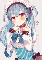 Rule 34 | 1girl, :q, blue bow, blue hair, blue skirt, blush, bow, breasts, choker, closed mouth, collared shirt, commentary request, diagonal stripes, dress shirt, ebihara beniko, grey background, hair between eyes, hands up, heart, highres, long hair, long sleeves, looking at viewer, maid headdress, medium breasts, original, red choker, red eyes, shirt, skirt, sleeves past wrists, smile, solo, striped background, striped clothes, striped skirt, suspender skirt, suspenders, suspenders slip, tongue, tongue out, two side up, v, vertical-striped clothes, vertical-striped skirt, white shirt