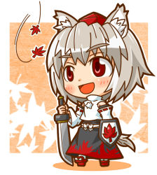 Rule 34 | 1girl, :d, animal ears, artist request, autumn leaves, blush, chibi, fang, female focus, inubashiri momiji, open mouth, shield, smile, solo, sword, tail, touhou, weapon, wolf ears, wolf tail