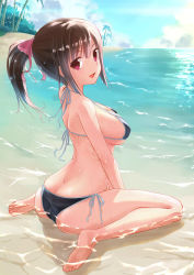 Rule 34 | 1girl, :d, ass, bare arms, bare legs, barefoot, beach, bikini, black bikini, blue sky, blush, bow, breasts, brown hair, butt crack, cloud, cloudy sky, commentary request, day, hair between eyes, hair bow, halterneck, horizon, kakuno, large breasts, long hair, looking at viewer, looking back, ocean, open mouth, original, outdoors, palm tree, pink bow, ponytail, purple eyes, sand, side-tie bikini bottom, skindentation, sky, smile, soles, solo, string bikini, swimsuit, thighs, tree, water, wet