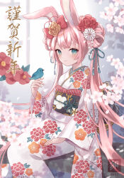 Rule 34 | 1girl, animal ears, bird, bird on hand, blue ribbon, blurry, blurry foreground, bow, cherry blossoms, closed mouth, crossed bangs, dated, day, falling petals, feet out of frame, floral print, flower, fog, furisode, green eyes, hair bow, hair bun, hair flower, hair ornament, hair ribbon, happy new year, highres, japanese clothes, kimono, light smile, long hair, long sleeves, looking at viewer, myaco9, nengajou, new year, on bench, original, outdoors, petals, pink flower, pink hair, print kimono, rabbit ears, red bow, ribbon, sidelocks, sitting, solo, translation request, twintails, white flower, white kimono, wide sleeves