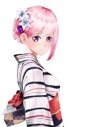 Rule 34 | 1girl, absurdres, asymmetrical hair, blush, breasts, closed mouth, flower, from side, hair between eyes, hair flower, hair ornament, highres, japanese clothes, kimono, looking at viewer, obi, original, pink eyes, pink hair, sash, simple background, small breasts, smile, solo, striped clothes, striped kimono, upper body, viktorf, white background, white flower, white kimono