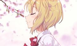 Rule 34 | 1girl, blonde hair, blurry, blurry background, bow, bowtie, cherry blossoms, closed eyes, commentary, flower, from side, hair flaps, highres, ibuki tsubasa, idolmaster, idolmaster million live!, omuller, petals, red bow, red bowtie, shirt, short hair, solo, upper body, white background, white shirt