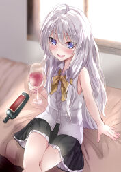 Rule 34 | 1girl, absurdres, ahoge, alcohol, arm at side, backlighting, bare arms, black skirt, blue eyes, blush, bottle, bow, center frills, collared shirt, commentary, cowboy shot, crossed legs, cup, drinking glass, elaina (majo no tabitabi), eyes visible through hair, fingernails, flat chest, frilled skirt, frills, grey hair, hair between eyes, hand up, highres, holding, holding cup, indoors, izuminomitsuba, long hair, looking at viewer, low-tied long hair, majo no tabitabi, miniskirt, open mouth, pleated skirt, shirt, sidelocks, skirt, sleeveless, sleeveless shirt, smile, smug, solo, straight hair, tsurime, v-shaped eyebrows, very long hair, white shirt, wine, wine bottle, wine glass, yellow bow