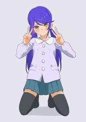 Rule 34 | 1girl, :/, aikatsu! (series), aikatsu stars!, black thighhighs, blue hair, blue skirt, blush, brown eyes, child, closed mouth, double v, grey background, hands up, head tilt, highres, kisaragi tsubasa, kneeling, long hair, long sleeves, looking at viewer, low twintails, miniskirt, multicolored hair, osame, pleated skirt, purple hair, purple shirt, sanpaku, shirt, simple background, skirt, solo, streaked hair, thighhighs, twintails, v, zettai ryouiki