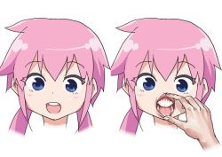 Rule 34 | 1girl, :d, bad teeth, blue eyes, blush, close-up, commentary, creepy, disembodied limb, dot nose, eyelashes, hand on another&#039;s mouth, lips, low twintails, monbetsu kuniharu, multiple views, open mouth, original, pink hair, round teeth, sidelocks, smile, solo focus, spiked hair, spread lips, teeth, tongue, twintails