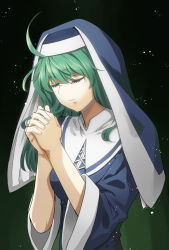 Rule 34 | 1girl, ahoge, black background, closed eyes, eyelashes, gradient background, green background, green hair, habit, highres, light particles, long hair, maria (housamo), nun, own hands clasped, own hands together, parted lips, praying, solo, tokyo houkago summoners, traditional nun, upper body, yoshinaga haru