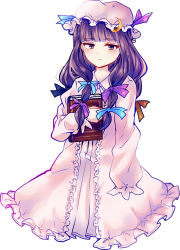Rule 34 | 1girl, book, hugging book, coat, crescent moon, dress, grimoire, hair ribbon, hat, highres, holding, holding book, hugging object, long hair, long sleeves, mob cap, moon, open clothes, open coat, patchouli knowledge, purple eyes, purple hair, ribbon, simple background, solo, touhou, tress ribbon, uranaishi (miraura), very long hair, white dress