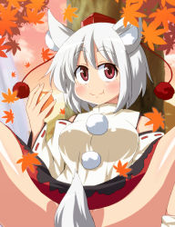 Rule 34 | 1girl, animal ears, autumn, autumn leaves, blush, breasts, censored, convenient censoring, detached sleeves, eating, female focus, hat, inubashiri momiji, large breasts, leaf, no panties, pom pom (clothes), red eyes, sitting, solo, spread legs, super masara, tail, tail censor, tokin hat, touhou, tree, white hair, wolf ears, wolf tail