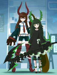 2girls 32zzz armored_legwear black_dress black_gold_saw black_gold_saw_(cosplay) black_rock_shooter black_shorts blue_eyes claws collared_shirt cosplay dead_master dead_master_(cosplay) dress green_eyes green_horns grey_hair highres hiyajou_maho holding holding_scythe holding_sword holding_weapon horns long_hair makise_kurisu messy_hair multiple_girls necktie red_hair red_horns red_necktie red_thighhighs scythe shirt shorts steins;gate sword thighhighs unkempt weapon white_shirt