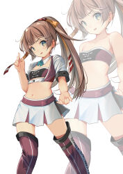 Rule 34 | 1girl, absurdres, alternate costume, bandeau, boots, breasts, brown hair, clothes writing, cropped jacket, feet out of frame, grey eyes, hair ribbon, highres, jacket, kantai collection, kazagumo (kancolle), long hair, looking at viewer, midriff, multiple views, pleated skirt, ponytail, purple bandeau, purple footwear, race queen, ribbon, simple background, skirt, small breasts, thigh boots, white background, white jacket, white skirt, yashin (yasinz), zoom layer
