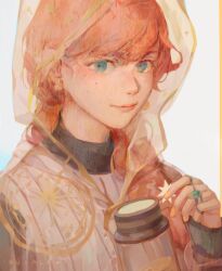 Rule 34 | 1girl, apple juice, black sleeves, black sweater, blue eyes, braid, closed mouth, colored eyelashes, commentary, cup, detached hood, drink, earrings, flower earrings, freckles, hair ornament, hair over shoulder, hairclip, holding, holding cup, holding drink, hong (hong11117), jewelry, juice, long hair, long sleeves, looking at viewer, multiple rings, nail polish, orange hair, original, pink lips, ring, see-through hood, simple background, single braid, sleeves past wrists, smile, solo, star (symbol), star print, striped clothes, striped vest, sweater, symbol-only commentary, thermos, upper body, vertical-striped clothes, vertical-striped vest, vest, white background, white vest, yellow hood, yellow nails